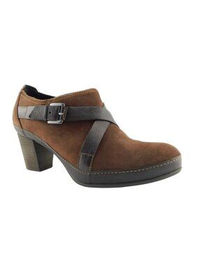 CLARKS Artisan Brown Nubuck Leather Buckle Strap Block Heel Ankle Boots 9